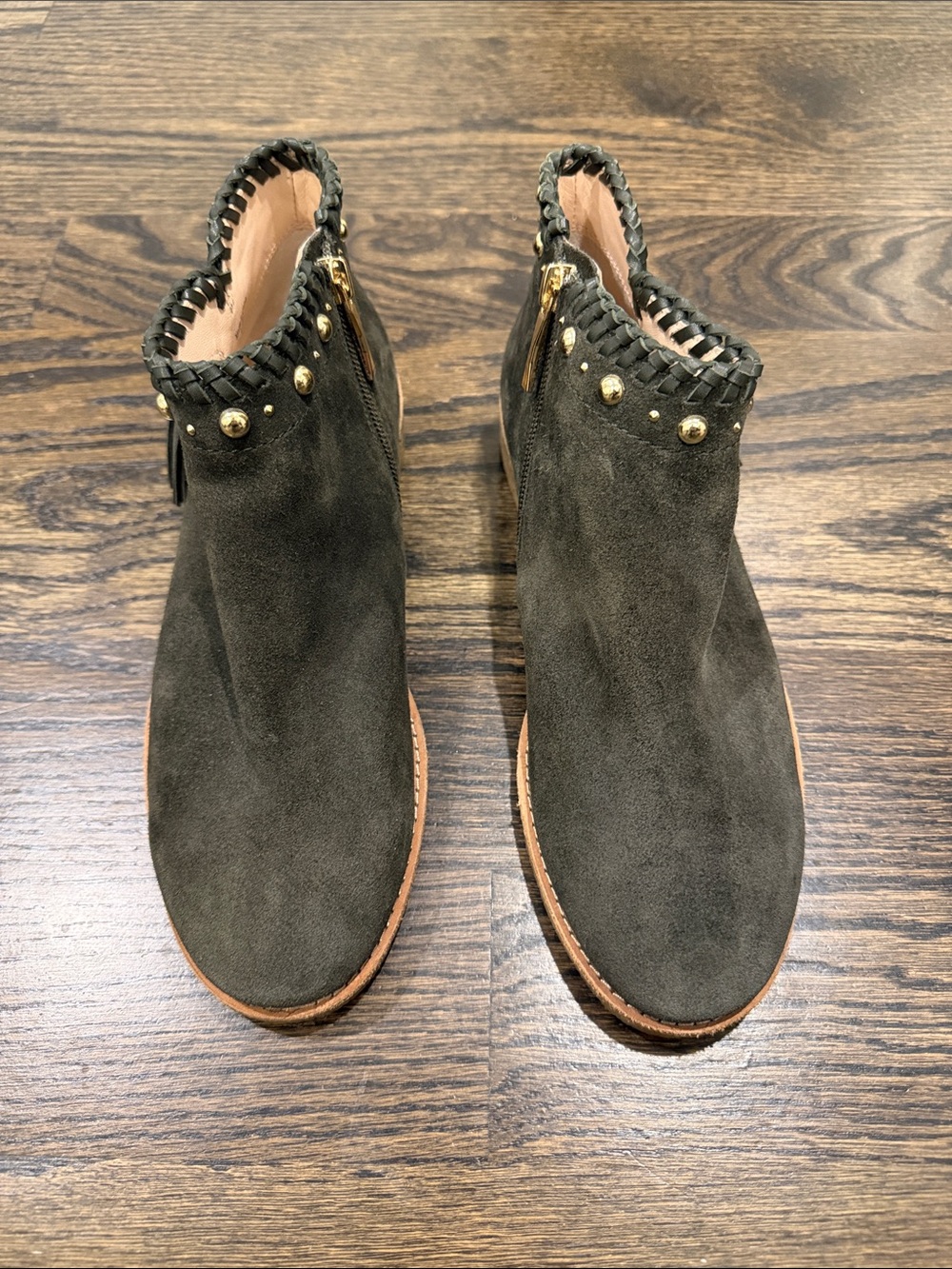 kate spade Olive Suede Ankle Booties with Braided Trim